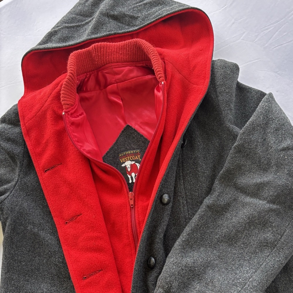 Vintage Mackintosh Vestcoat Wool Hooded Coat Men's Large Gray Red‎ Lined